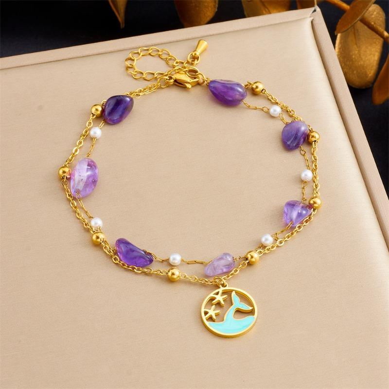 Gold Double Layer Anklet with Amazonite Mermaid Tail Pendant, Dainty Pearl Beaded Ankle Bracelet, Summer Beach Jewelry for Women