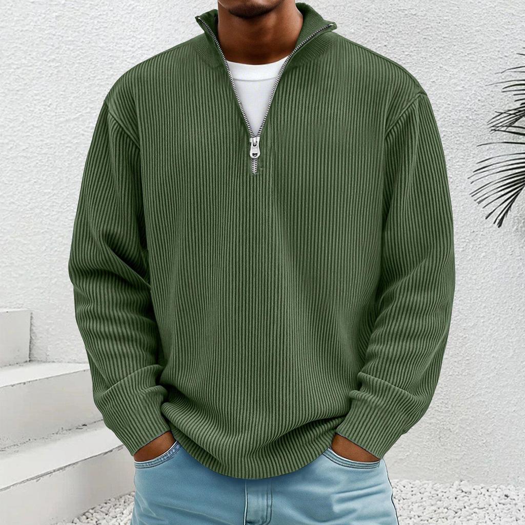 Men's 2025 European Autumn Corduroy Pullover Hoodie with Stand Collar and Zipper, Long Sleeve.