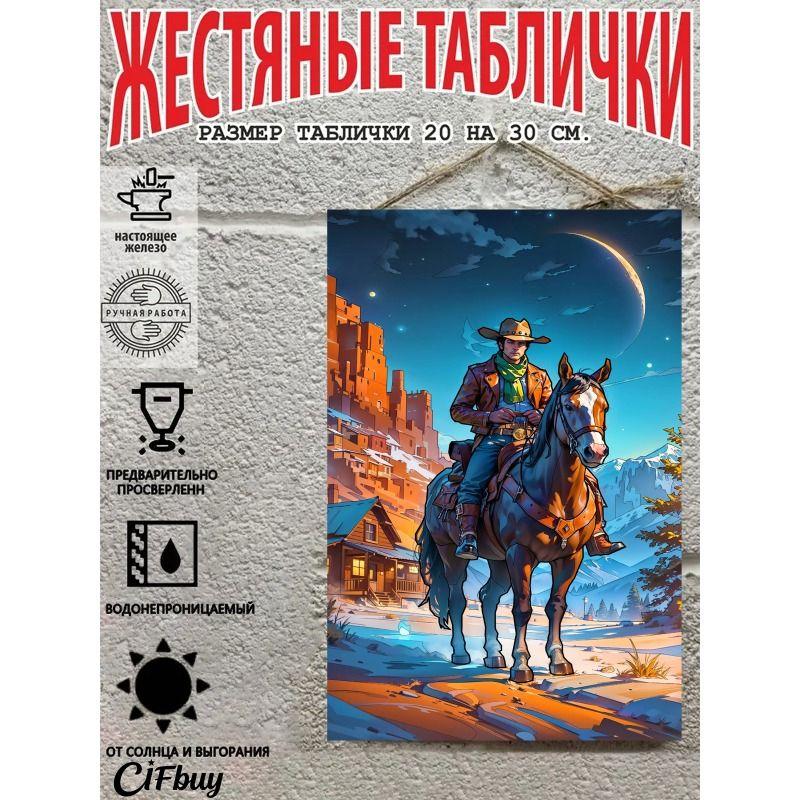 Cowboy on Horse Metal Tin Sign 20x30cm Rustic Wall Decor