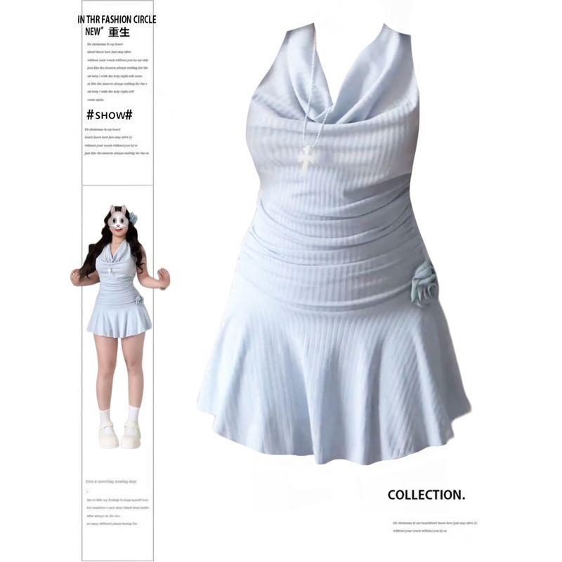 

Slightly Oversized Girls Blue Swing Collar Halterneck Suspender Skirt Women s Summer 2025 New Arrival Waist-Tight Slimming Sense of Design Skirt Halterneck Dress XL