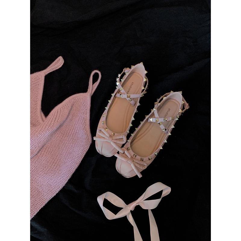 Sheepskin version cross strap Mary Jane shoes women's bow rivet round head flat ballet style single shoes