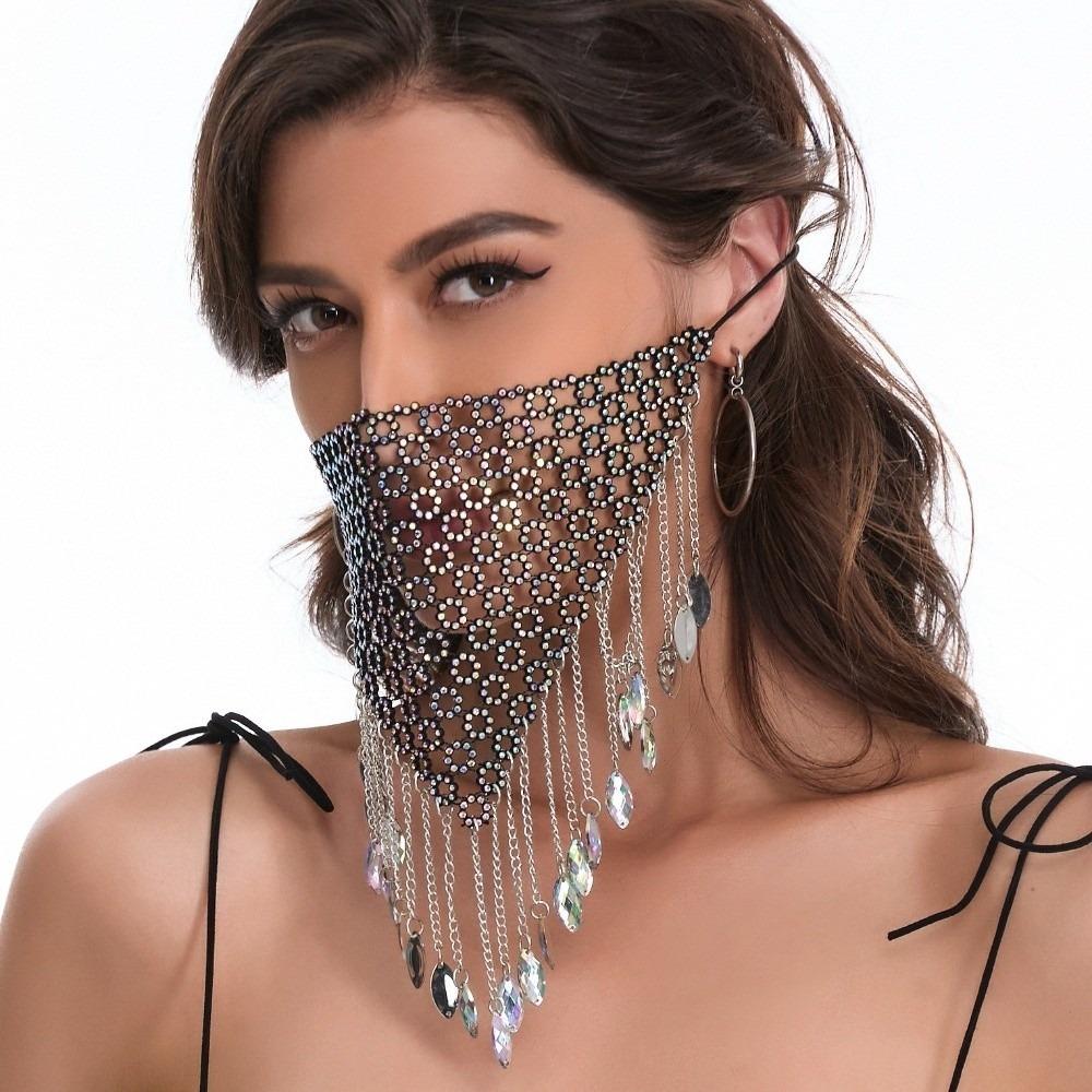Tassel Face Cover Fishing Net Masquerade Mask Delicate Rhinestone Mask  Dance Party