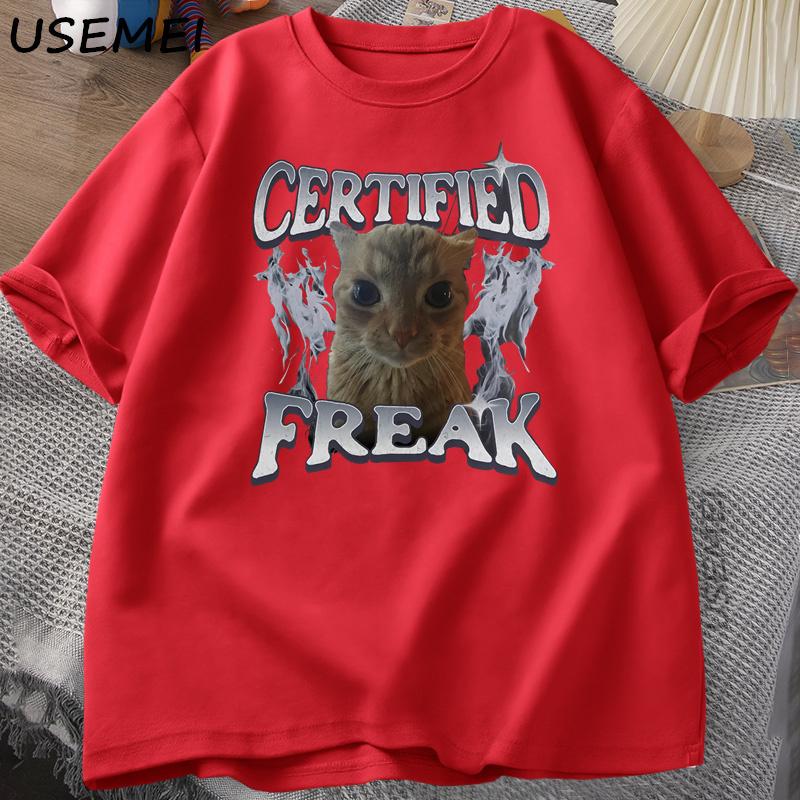 Certified Freak Funny Cat Meme TShirt Unisex Women Vintage Kitty Graphic Tee Funny Pet Humor Unisex 90s Y2k Clothes Cotton Tshirt S