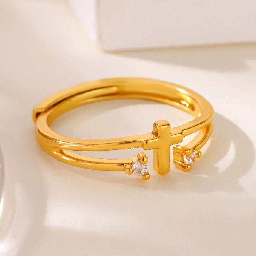 Zircon Cross Rings For Women Gold Stainless Steel Crystal Cross Adjustable Ring Religious Wedding Christmas Jewelry Gift