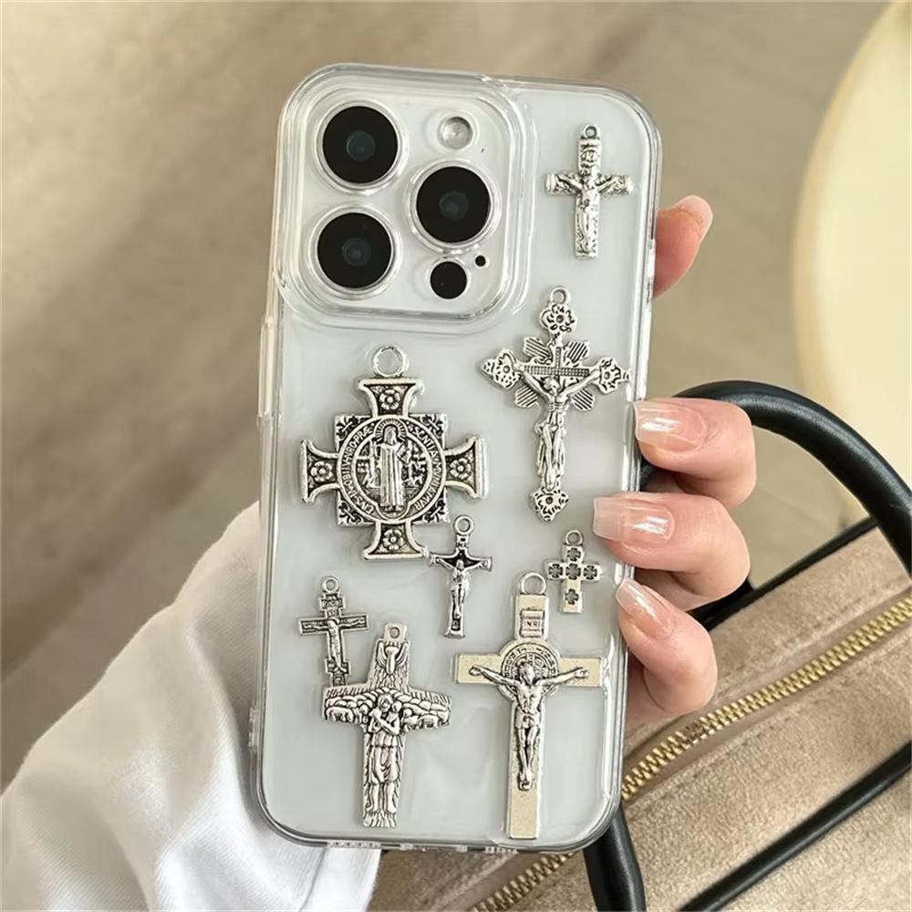 Retro Gothic 3D Metal Cross Phone Case For iphone 16 Pro 15 14 13 12 11 Pro Max 14 Plus Cool Angel Epoxy Clear Soft Cover Gift