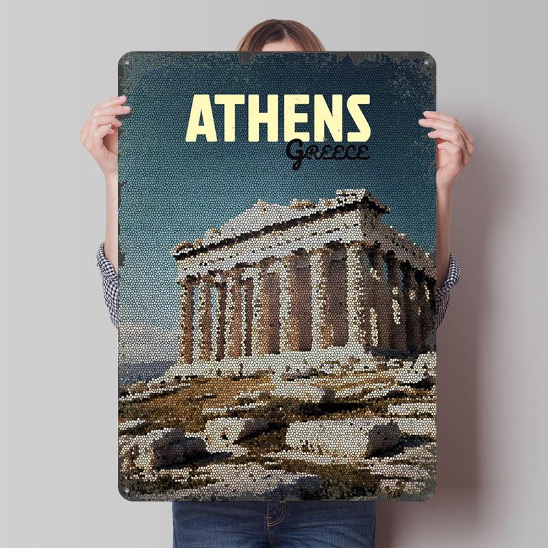 

Athens Greece Travel Printed Poster Customized Wall Art Retro Vintage Metal Tin Signs for Bedroom Decoration Room Decor Men Home 7.9x11.8In(20x30cm)