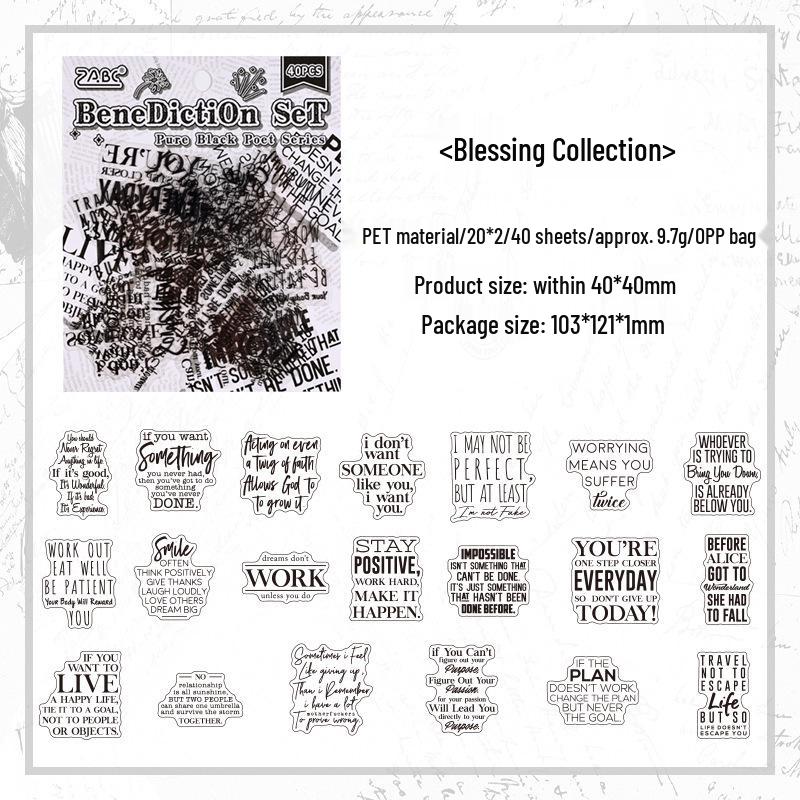 ZABC PET Sticker Pack: Pure Black Poet Series, 40 Sheets, English Text Theme