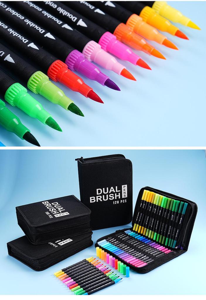 120-Color Double-Ended Watercolor Marker Pen Set for Painting, Doodling, and Outlining with Children's Paint Brushes