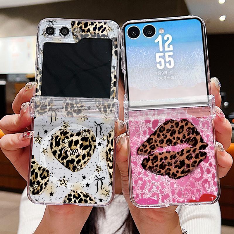 Bowknots Leopard Print Case For Samsung Z Flip 8 7 FE 6 5 Magnetic Clear Hard PC Folding Phone Cover For Galaxy Z Flip8 Flip7 Flip6