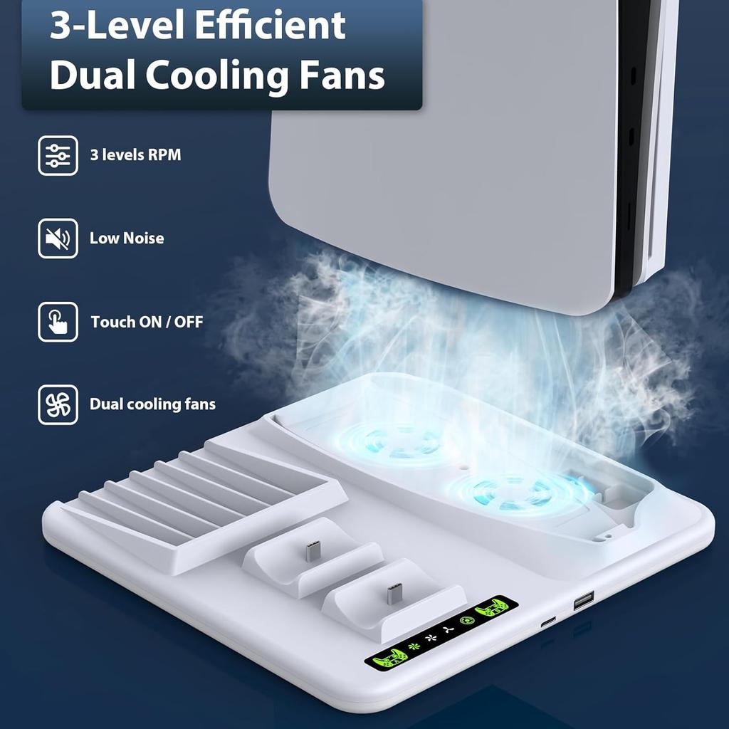 PARA PS5 Slim con estación de carga y soporte de almacenamiento para 8 juegos con ventilador de refrigeración y estación de carga para controlador PS5