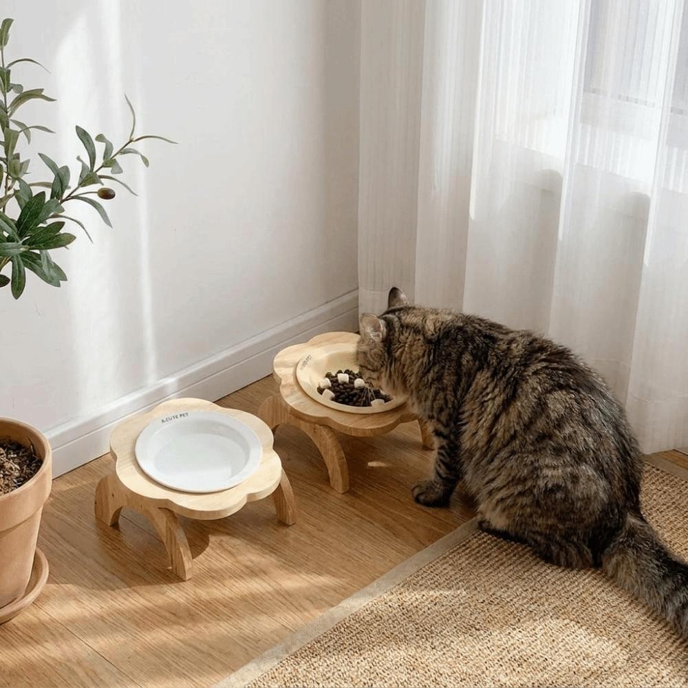 Ceramic Flower Shaped Pet Bowl Non-Slip Raised Cat Food Bowl Elevated Cat Bowl Neck Protection
