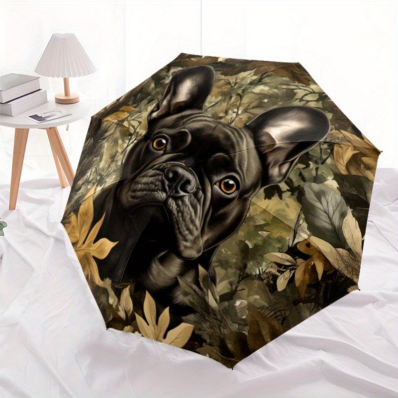 French Bulldog Puppy and Leaf Pattern, 1pc Automatic Folding Umbrella, Portable Foldable Design, 8 Ribs, Casual Outdoor Accessory, Halloween