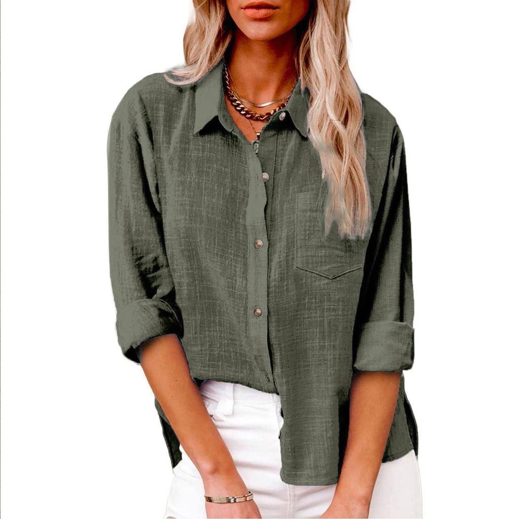 Women's Large Size Spring Autumn Long Sleeve Button Solid Color Loose Shirt Casual Shirt