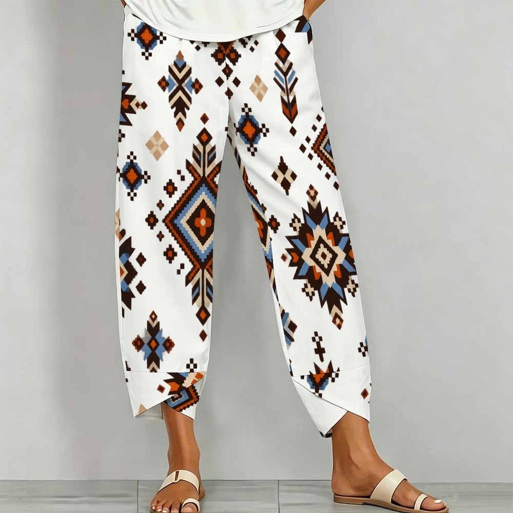 Women Plus Size Loose Fit White Blue Floral Printed Cross Hem Cropped Pants With Pockets