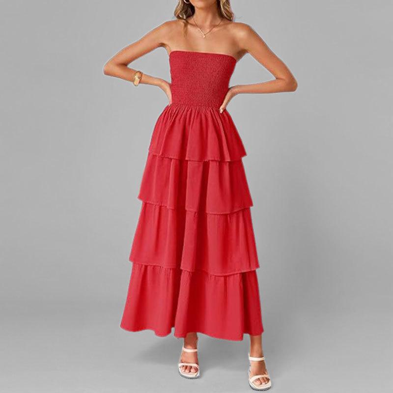 

Женское элегантное праздничное платье-торт, сексуальное, с открытой спиной, с открытыми плечами, однотонное, без рукавов, с воланами, многослойное платье для отпуска, Vestidos M