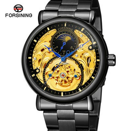 FORSINING Men's Tourbillon Moon Phase Automatic Mechanical Watch with Engraved Hollow Steel Band