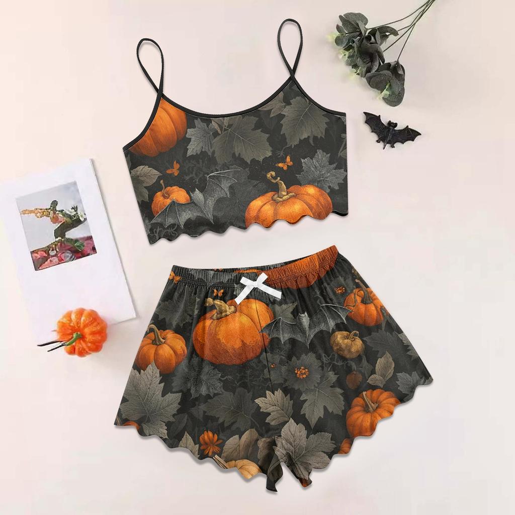 Women's Halloween Set With Retro Floral Print Suspender Sleeveless Vest Shorts Pajama Set