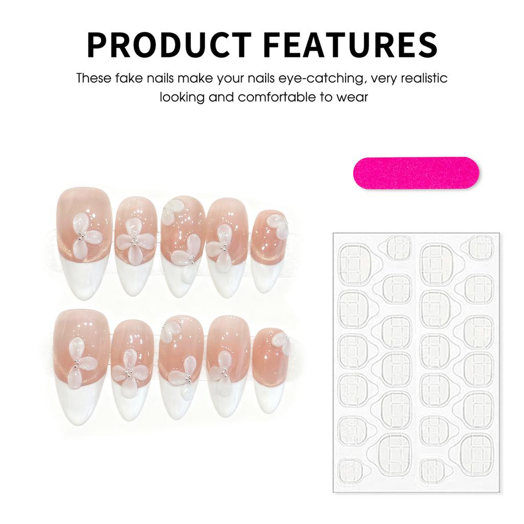 10pcs Korean Style Almond Handmade False Nails Pure White 3D Carving Flower Press On Nails Gentle French Tips Wearable Fake Nail