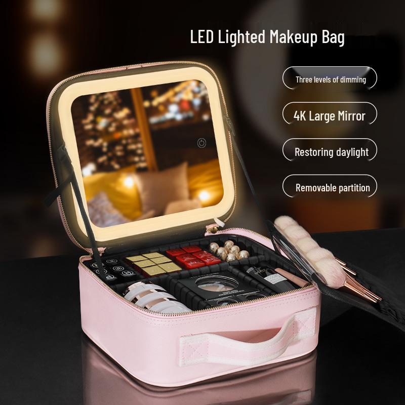 Large Capacity Makeup Bag with Lighted Mirror - Portable Travel Cosmetic Organizer