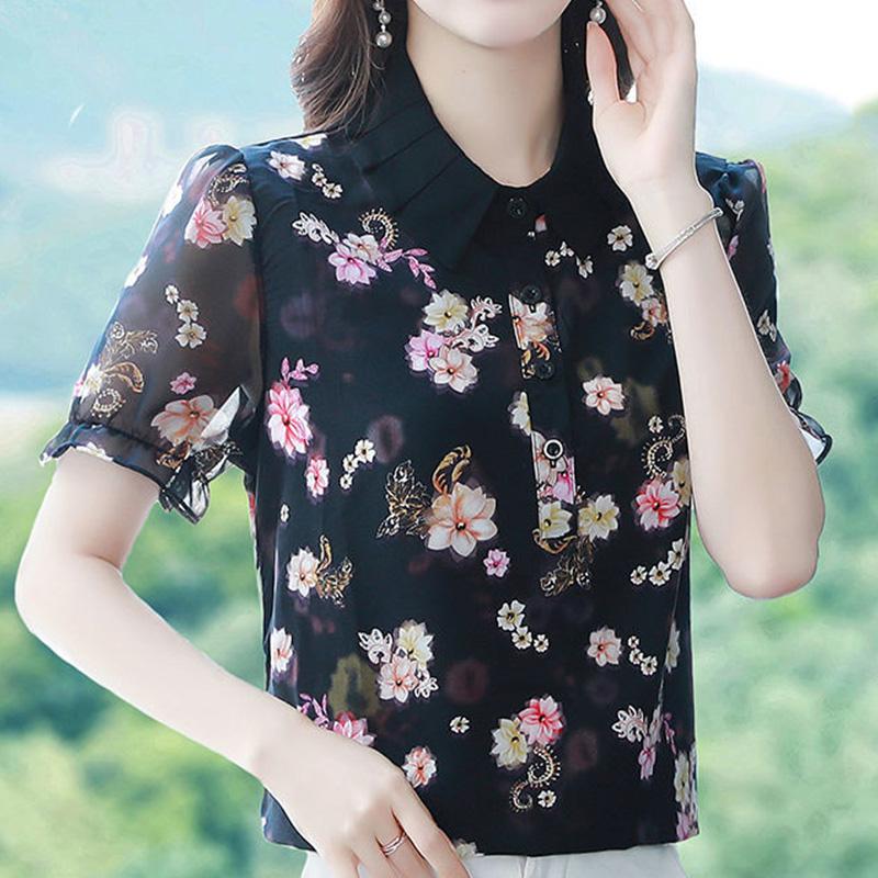 Office Lady Vintage Floral Printing Chiffon Shirt Summer New Polo-Neck Short Sleeve Loose Pullovers Blouse Women's Clothing