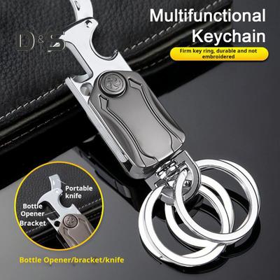 Porte-clés multifonctionnel robuste avec mousqueton et décapsuleur, couteau rotatif, matériau en alliage de zinc, support pour téléphone portable