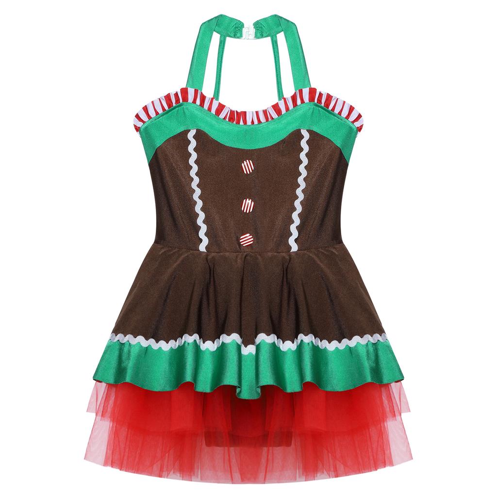 Mädchen Weihnachten Lebkuchenmann Kostüm Ärmelloses Tüllkleid Bodysuit mit offenem Rücken Feiertagsparty Verkleidung