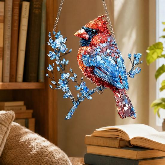 Red Bird Sun Catcher, 2D Acrylic Bird Hanging Decoration, Stained Glass Style Bluebird Suncatcher for Indoor Window Front Porch Decor