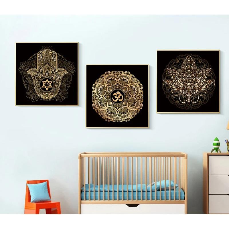 Gold and Black Mandala Lotus Art Canvas Painting on The Wall Posters Prints Religion Wall Art Pictures for Living Room Decor