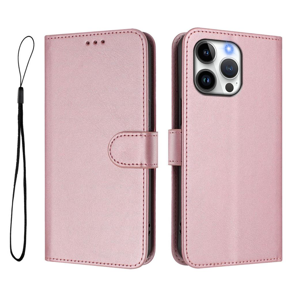 For iPhone 16 Pro Max Wallet Case RFID Blocking Calf Texture Leather Stand Phone Cover with Strap