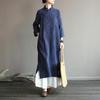Women's Casual Temperament Cotton and Linen Dress Solid Color Retro Artistic Buckle Long Skirt