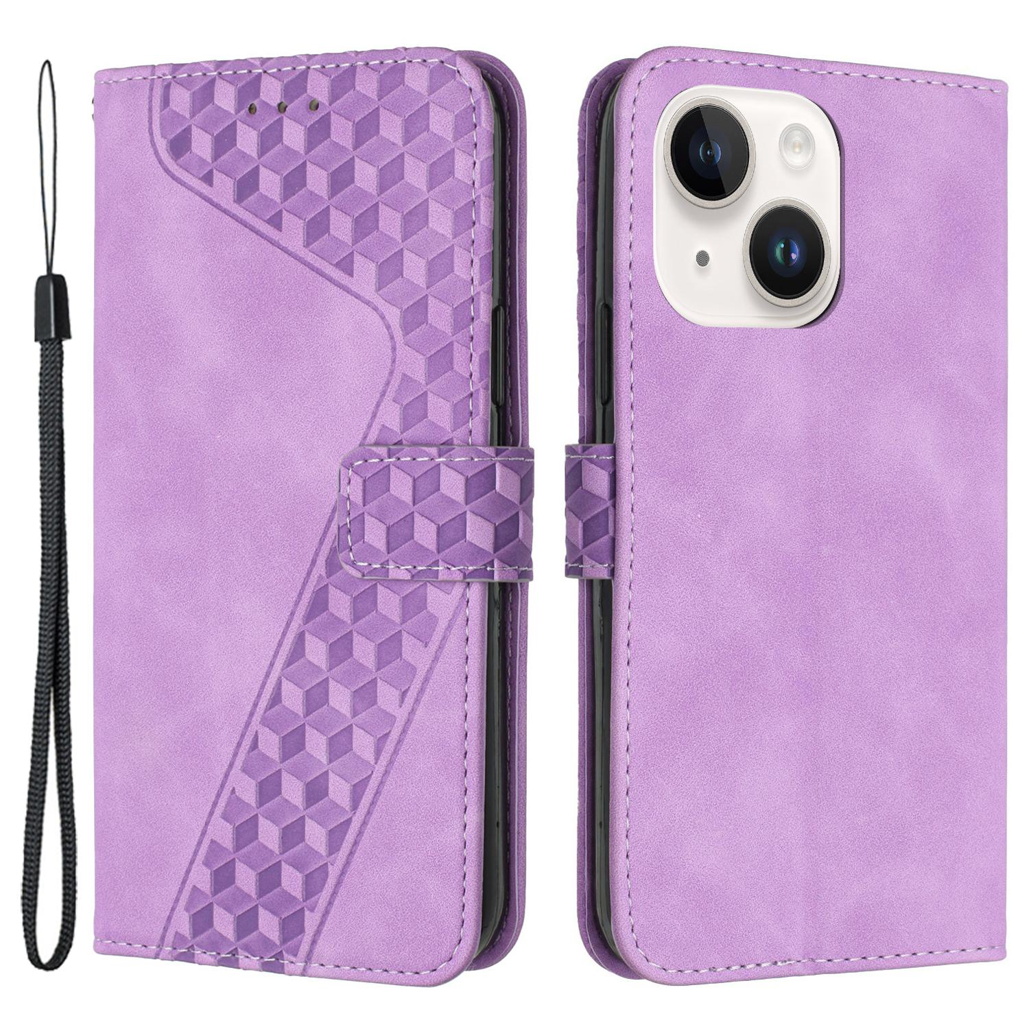 

For iPhone 14 Drop Proof Case PU Leather Phone Wallet 7-Shape Imprinted Cover Purple