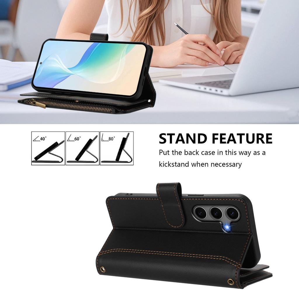 For Samsung Galaxy S24+/Galaxy S25+ Leather Case 9 Card Slots Zipper Wallet Stand Phone Cover with Wrist Strap