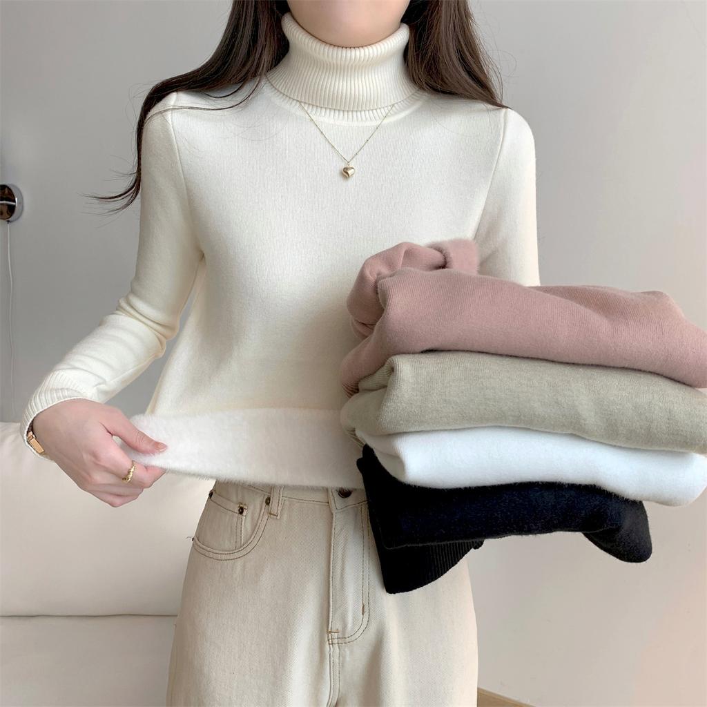Solid color turtleneck integrated fleece thickened inner top women's winter simple basic knitted bottoming shirt soft waxy sweater