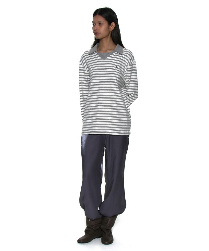 PARTIMENTO WOMEN Double Collar Stripe Long Sleeve Tee_Melange