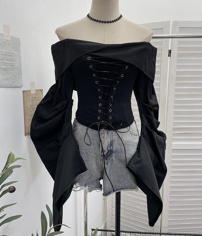 American Retro Camouflage Lace-up Pleated Shirt