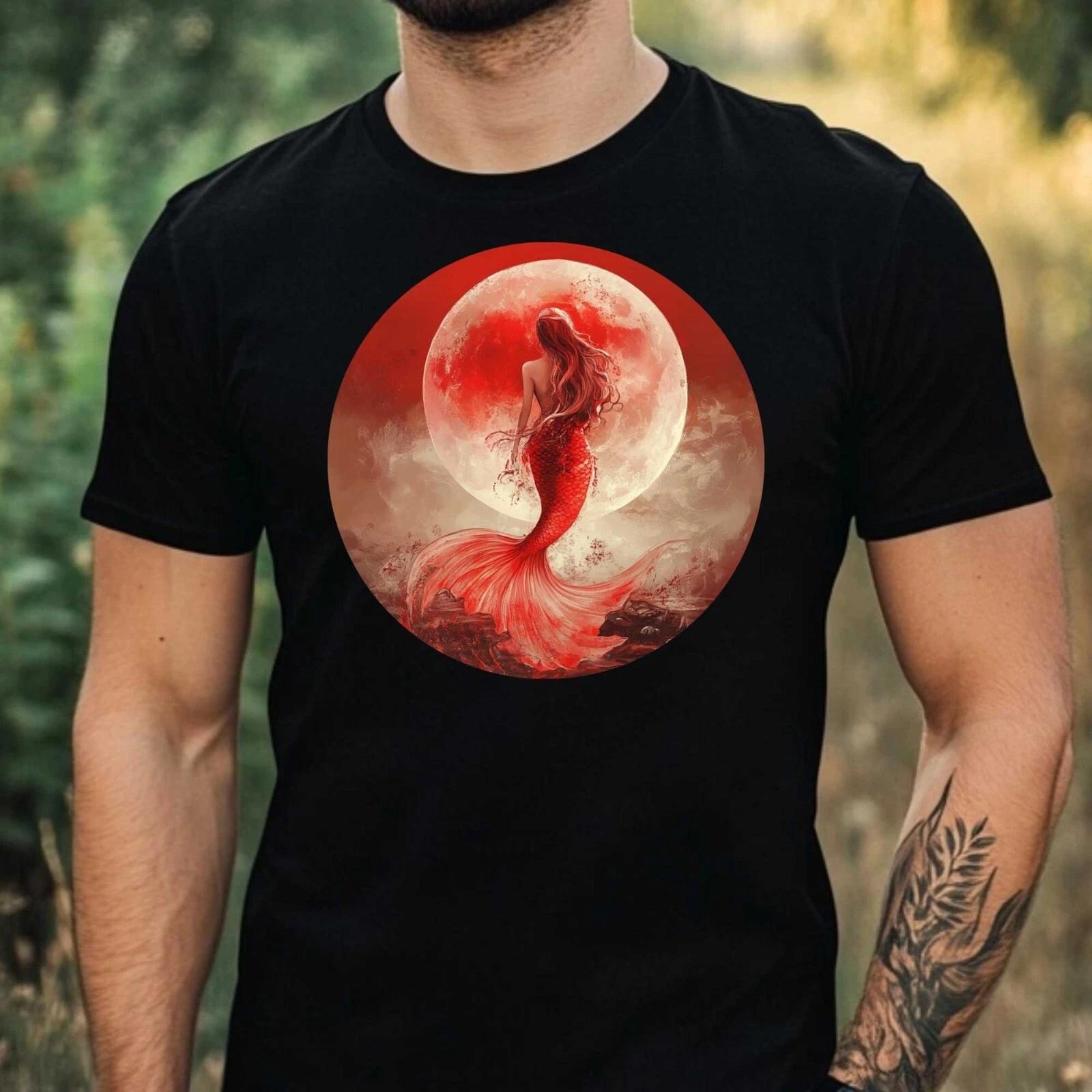 T-Shirt Herren Meerjungfrau Roter Mond Motiv Baumwolle Größe XS bis 5XL XXXXL