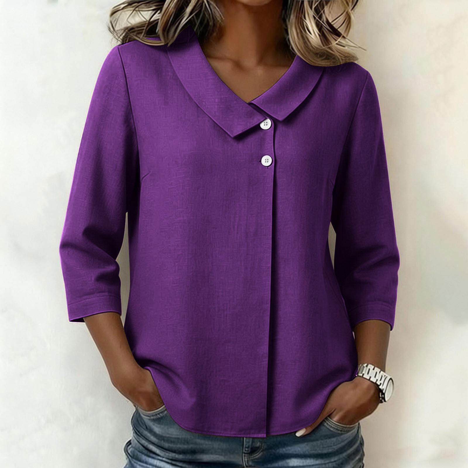 

Women 3/4 Sleeve Blouse Loose Fit Button Down Shirt Casual Plain Lapel Collar Top XXL фиолетовый