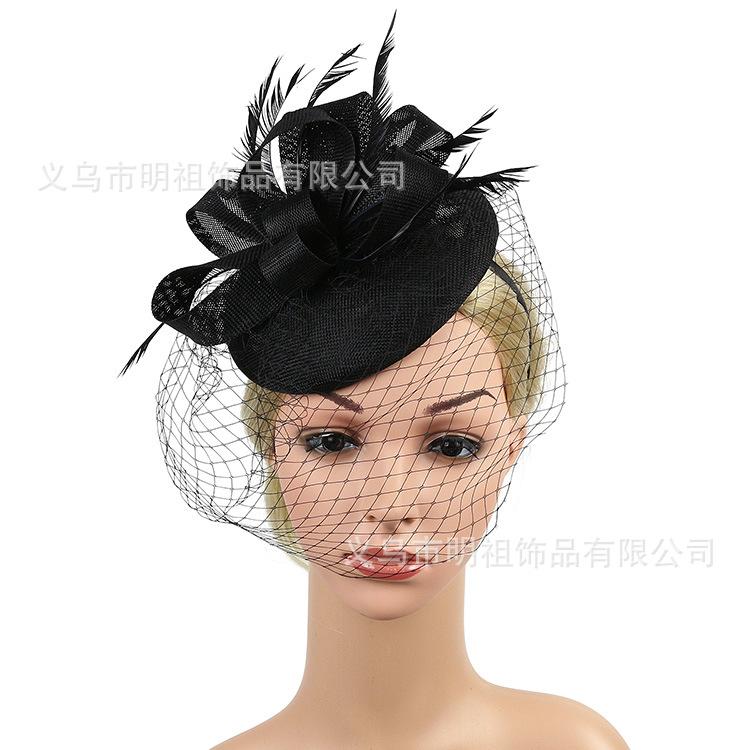 European and American retro hemp yarn bridal headgear feather hair accessories flower mesh headband dinner dress cheongsam accessories