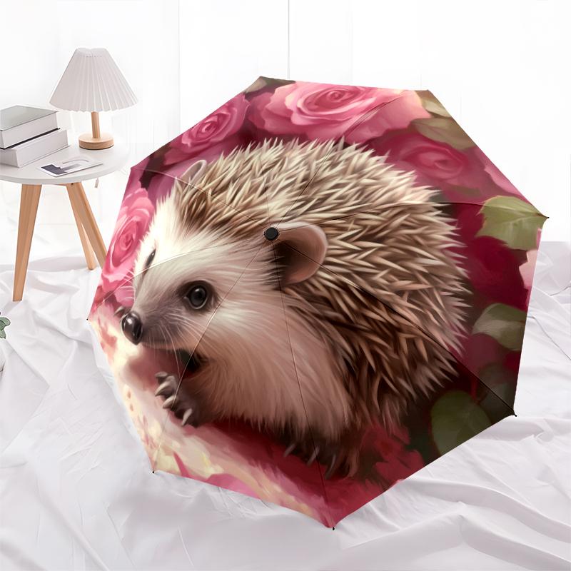 Rose and Hedgehog Pattern, Automatic Folding Umbrella, Portable and Foldable Design, 8 Ribs, a Christmas or Birthday Gift.