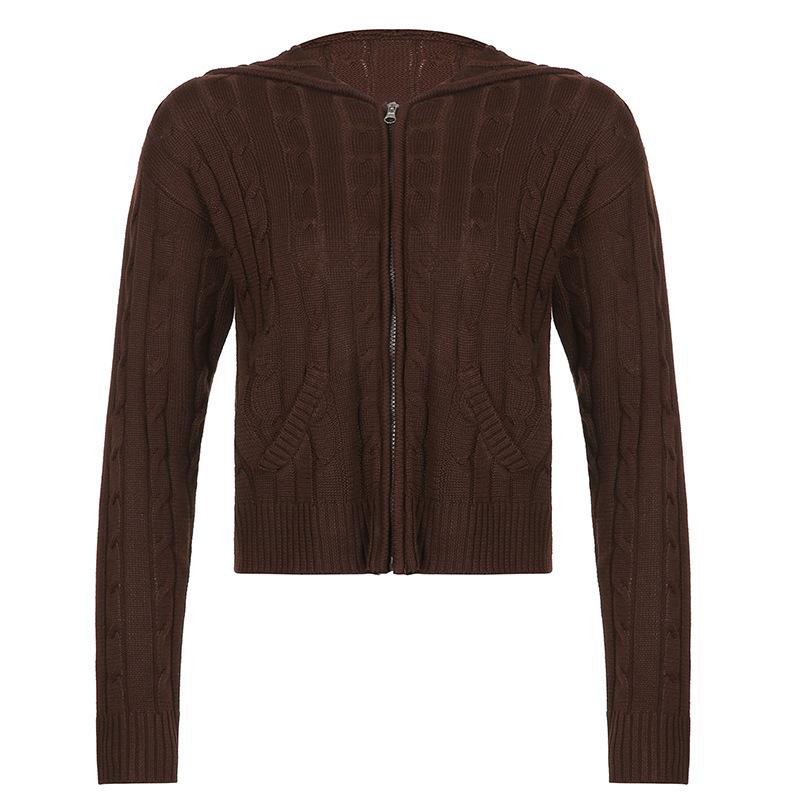 Autumn and Winter Warm Hooded Zip Cardigan Pockets Solid Colour Jacket Short Temperament Top for Women