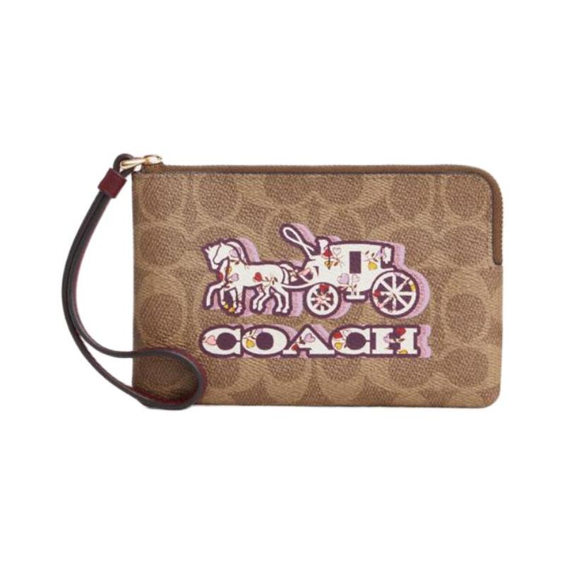 COACH 16 brand logo zip closure coated canvas faux leather clutch small women s brown коричневый