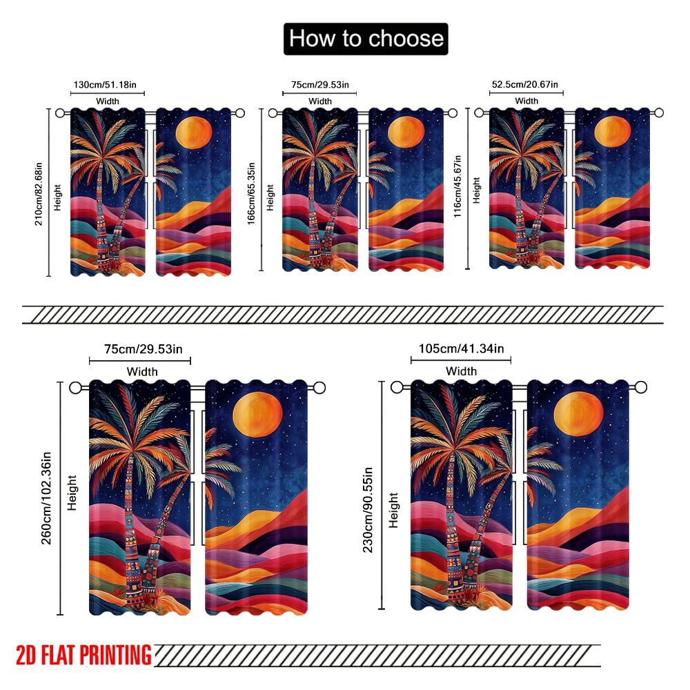 2pcs 2D flat printing Curtain Vibrant Palm Trees Desert Night Polyester Without Electricity Festive Holiday Perfect for Holiday