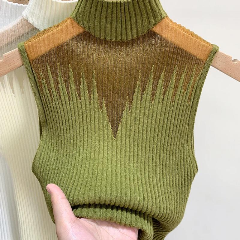 Mesh Knitted Top Women Tank Top Half Neck Vest Female Sleeveless Sweater Chic Cut Out Streetwear Solid Skinny Tube Top