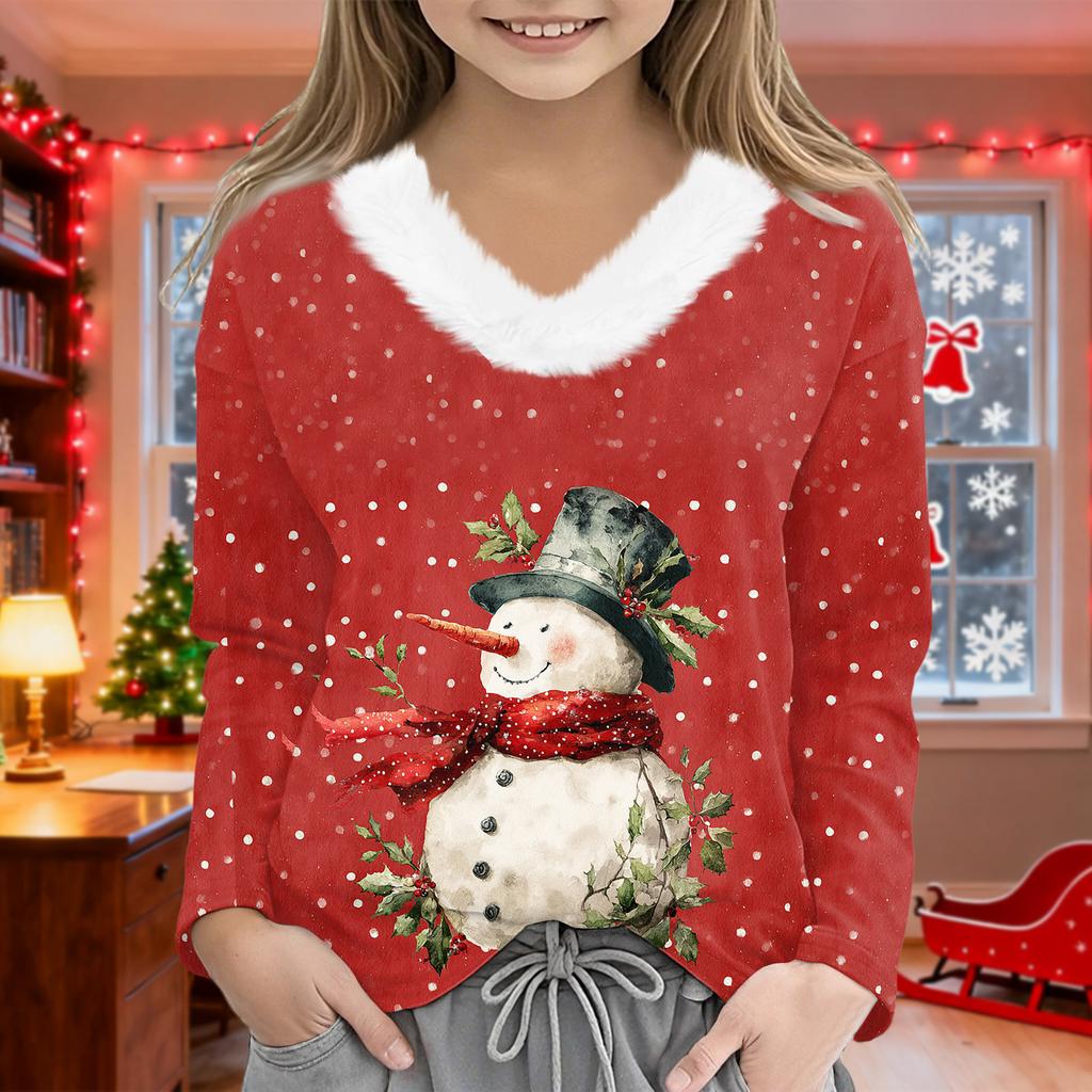 Christmas Day Girls Long Sleeve T Shirts Kids  Girls' V-Neck Tee Christmas Print Long Sleeve Top