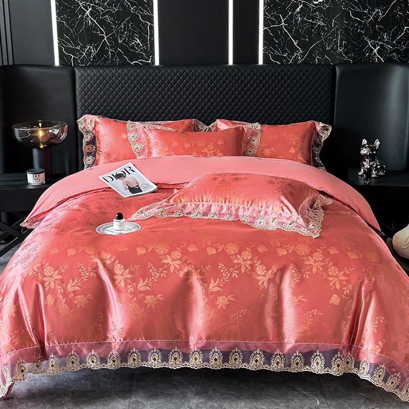 Luxury European Lace Trim Jacquard Silk Bedding Set