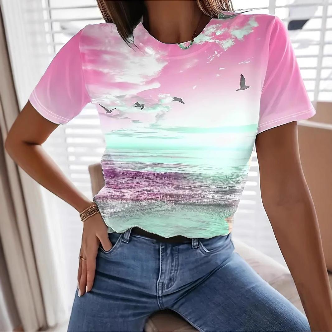 

Летний топ с круглым вырезом и принтом 3D Seaside, модные повседневные женские футболки с короткими рукавами XS