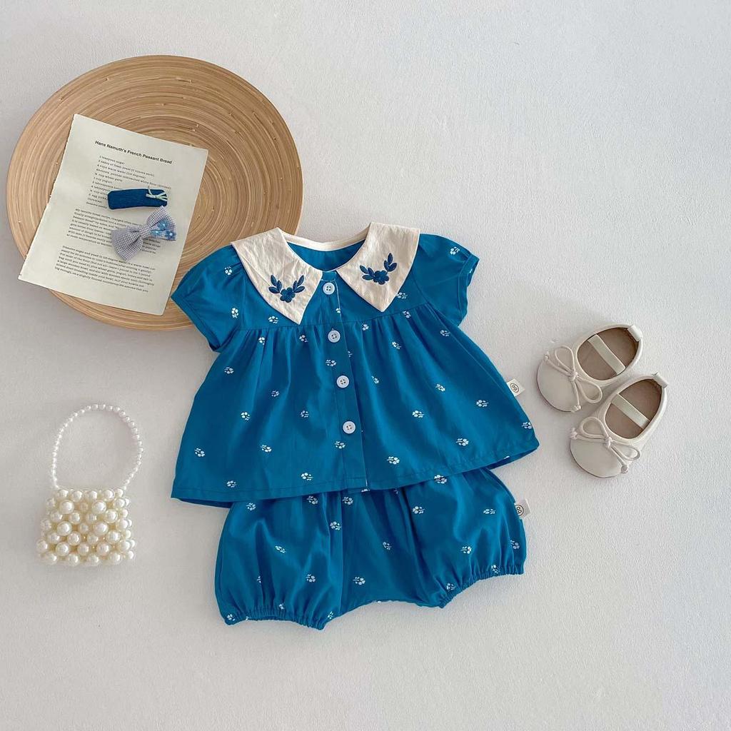 Summer Floral Embroidered Baby Girl Set with Peter Pan Collar and Bubble Sleeves