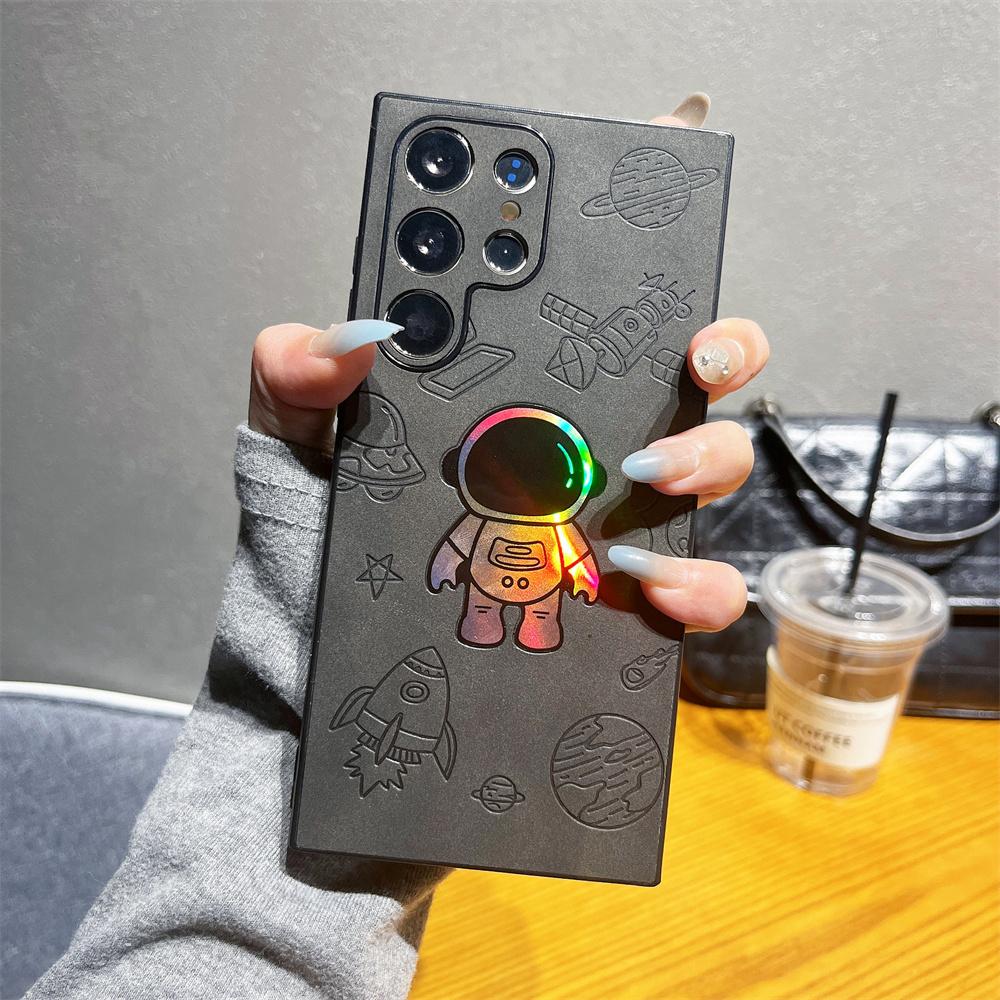 

Laser Astronaut Leather Matte Phone Case For Samsung S25 S23 S22 Ultra S24 Plus Cartoon Camera Protector Shockproof Back Cover For S22 Ultra