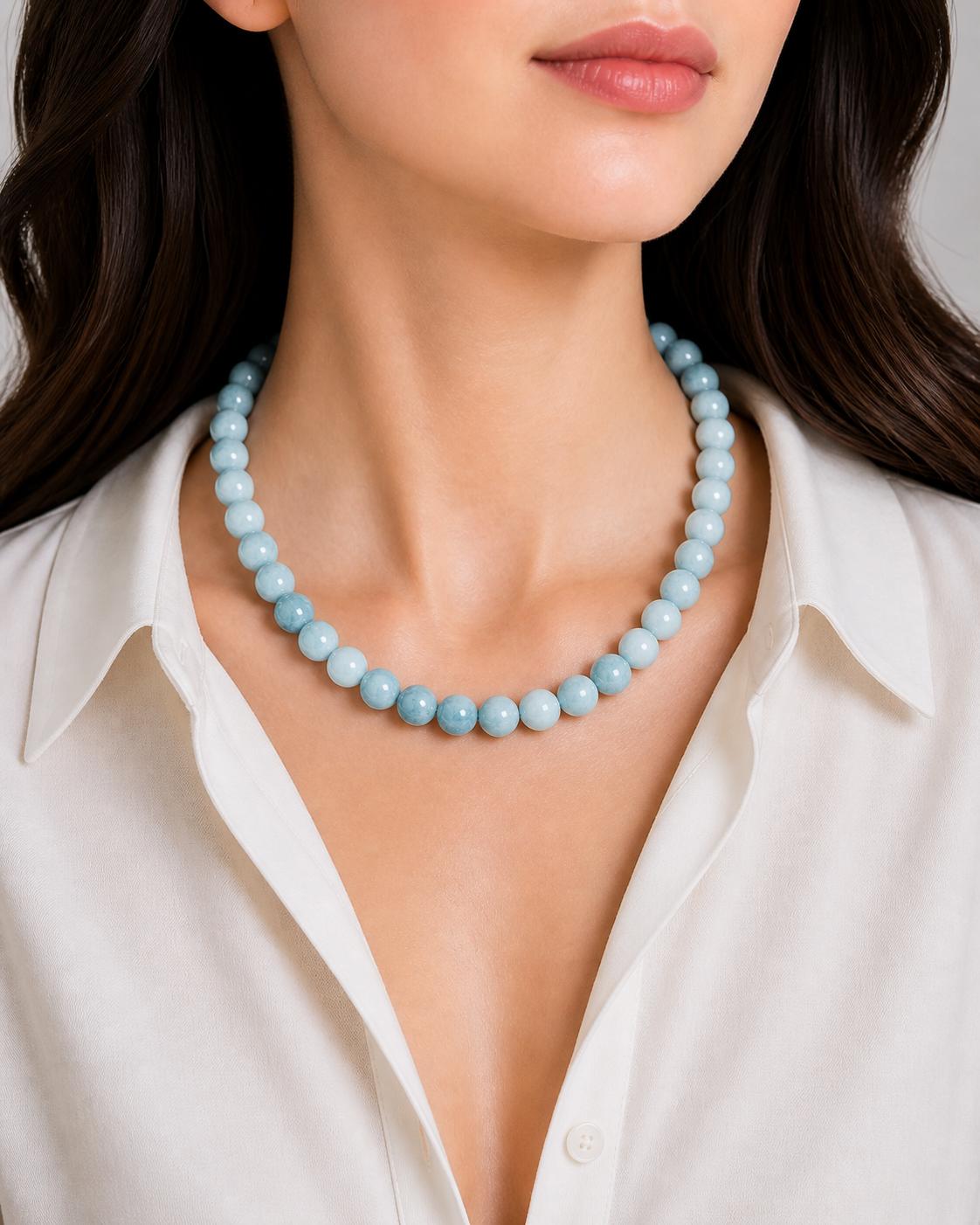 

8mm Natural Aquamarine Dyed B Gemstone Beads Jewelry Handmade Pretty Choker Women Necklace 17-20 For Anniversary Gift 8BN-62