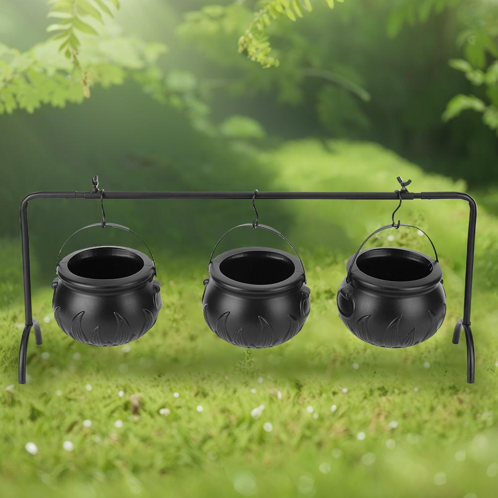 Set of 3 Witches Cauldron Serving Bowls On Rack Halloween Party Decorations Black Plastic Cauldron Black Candy Bucket Cauldron